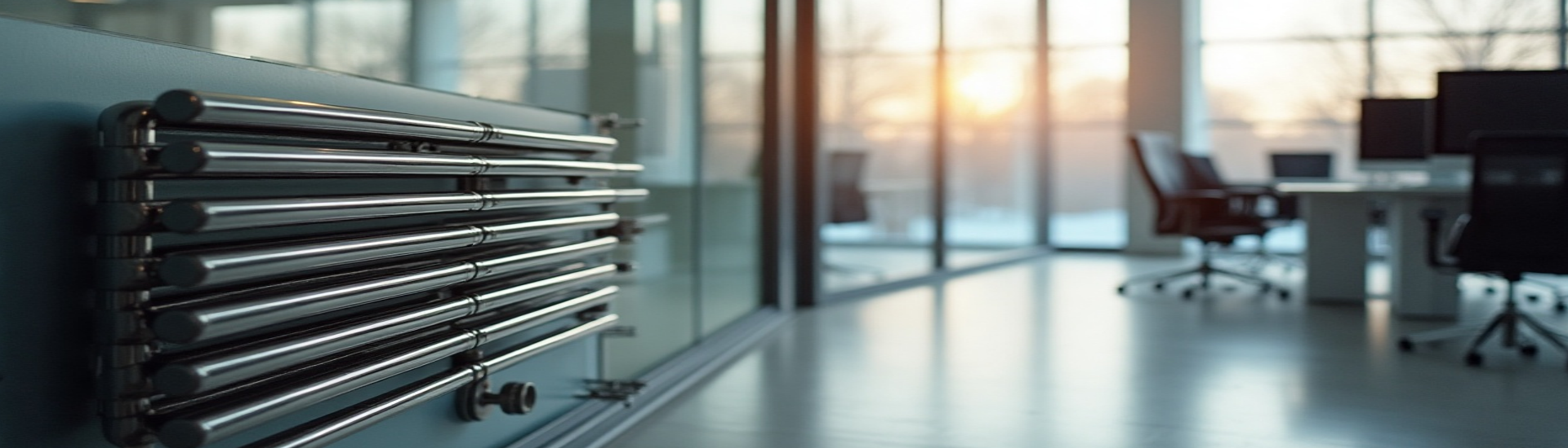 Radiateur moderne dans un bureau lumineux au crépuscule.
