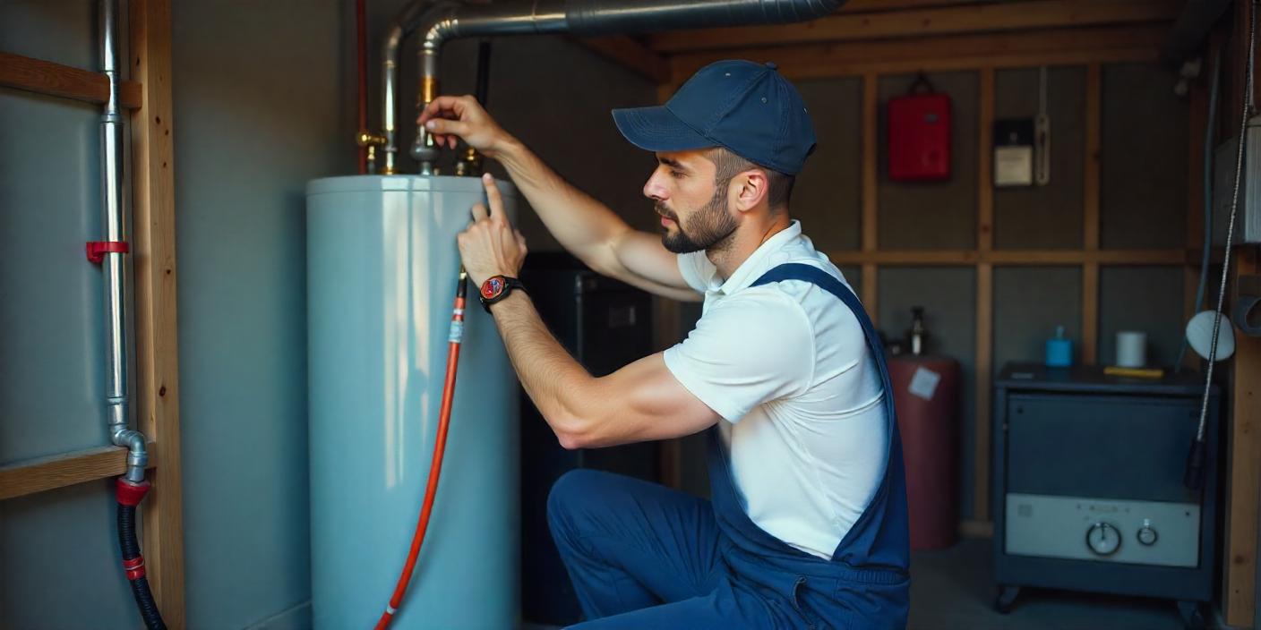 Technicien répare un chauffe-eau dans une chaufferie.