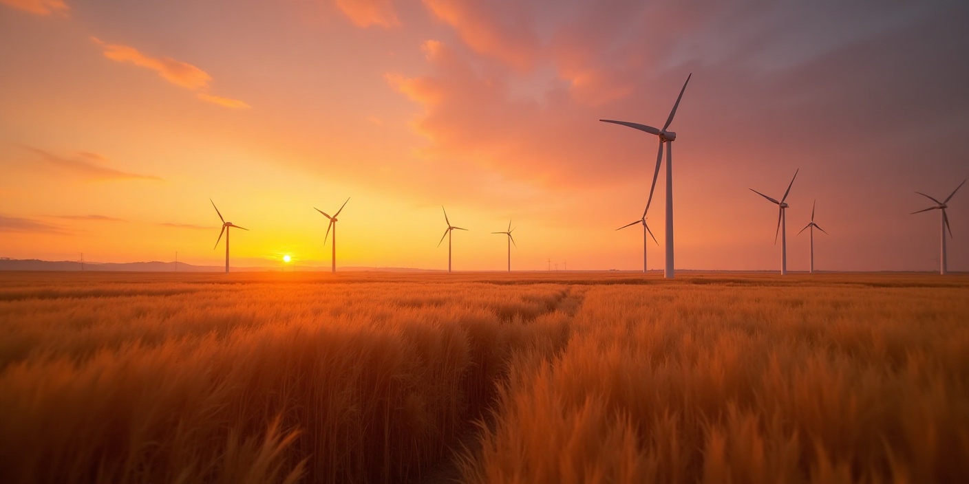 Éoliennes au coucher du soleil dans un champ.