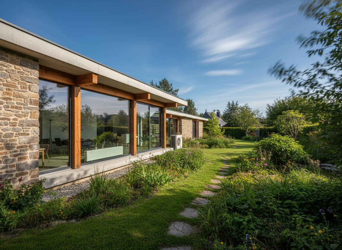 Maison moderne avec jardin fleuri.