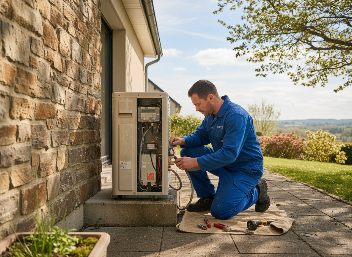 Technicien réparant une pompe à chaleur extérieure.