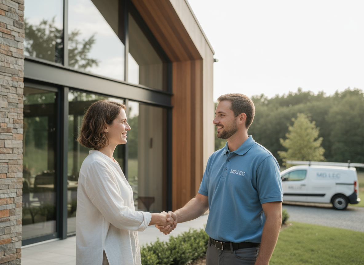 Poignée de main devant maison moderne.