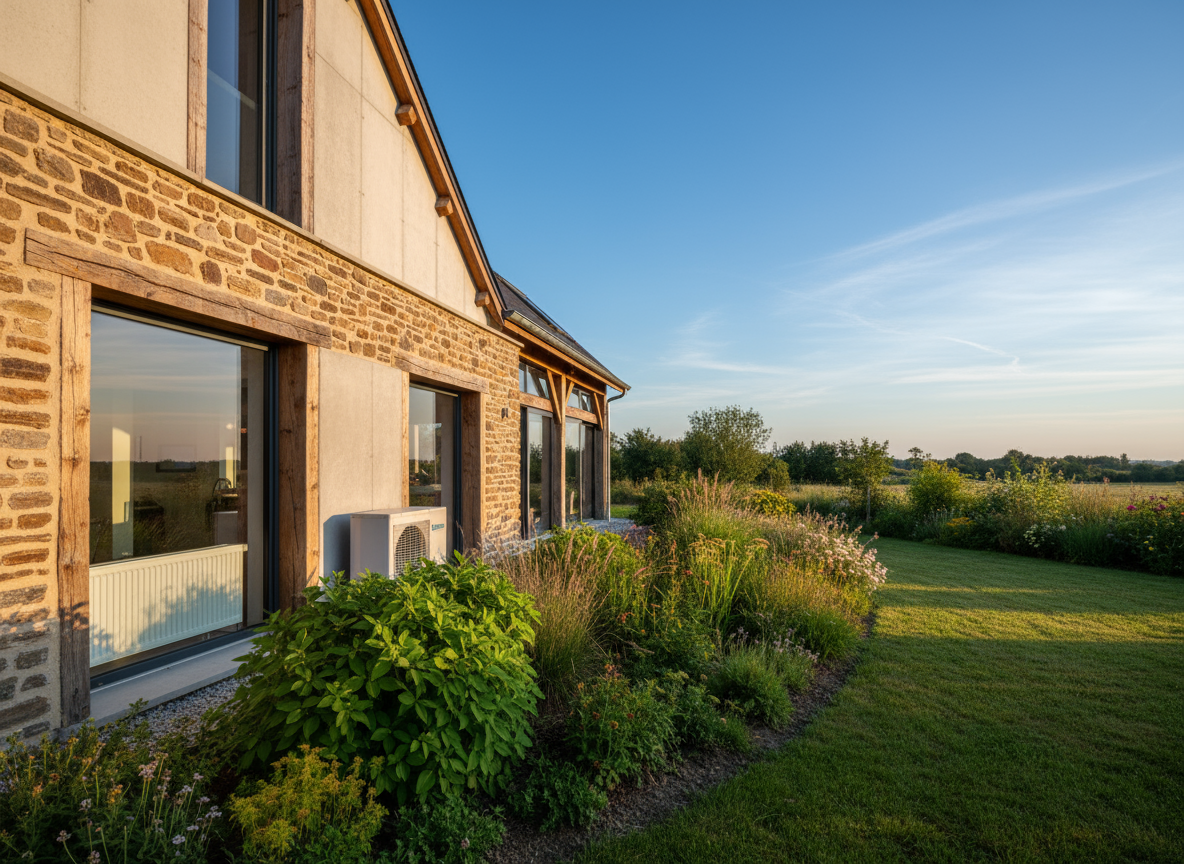 Maison en pierre avec jardin ensoleillé.
