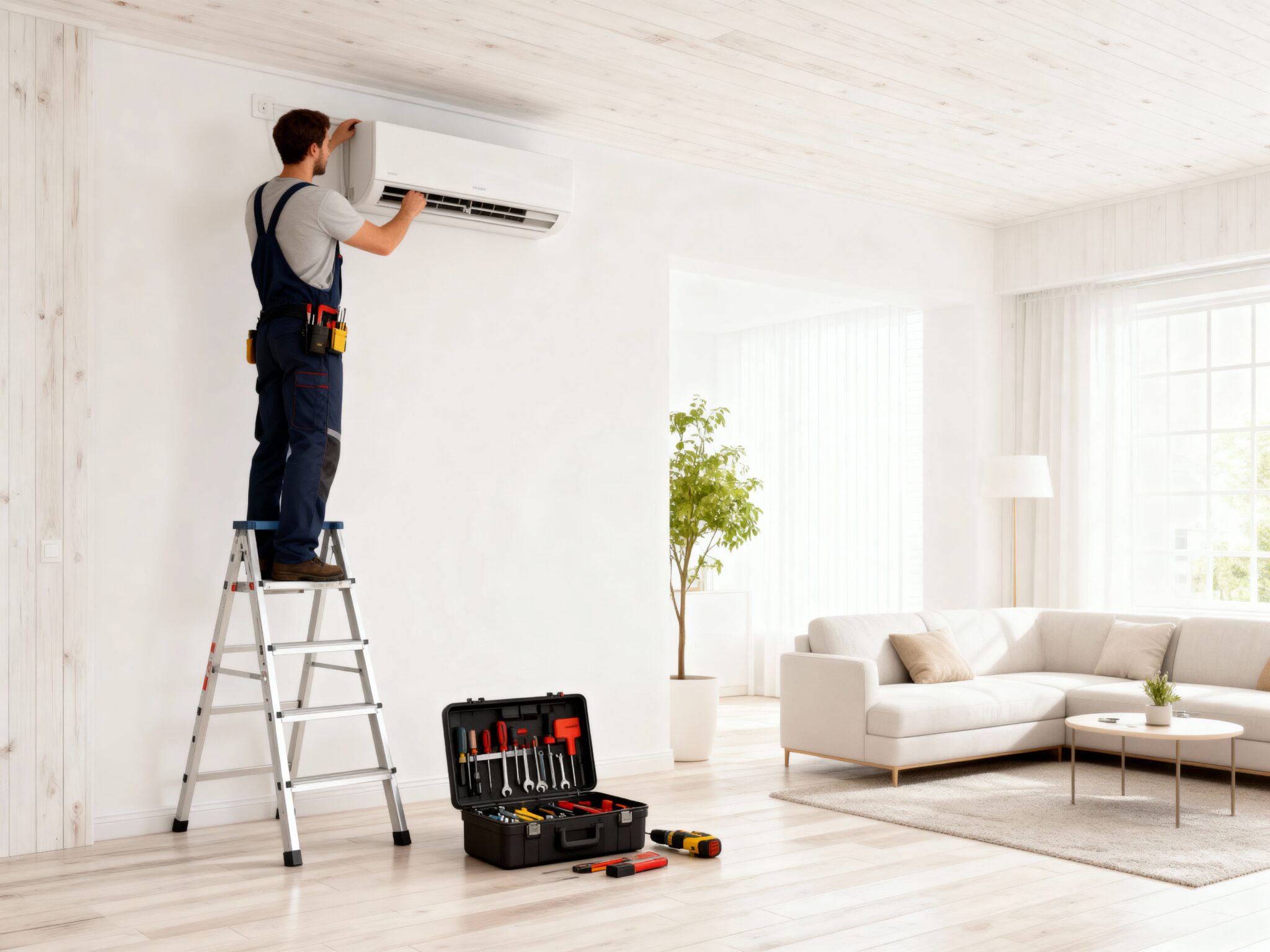 Technicien installe climatiseur avec boîte à outils.