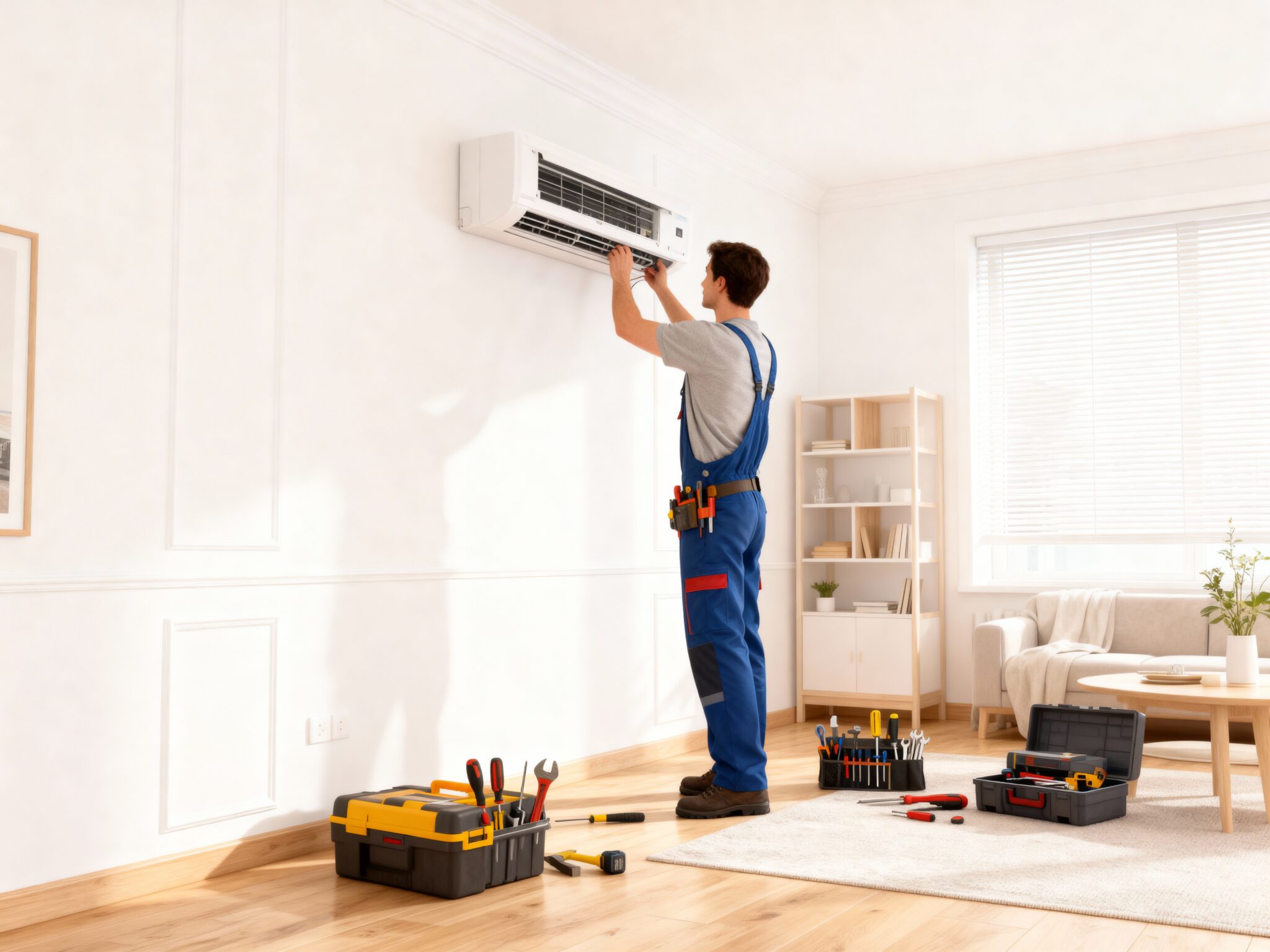 Technicien répare climatiseur mural dans salon lumineux.