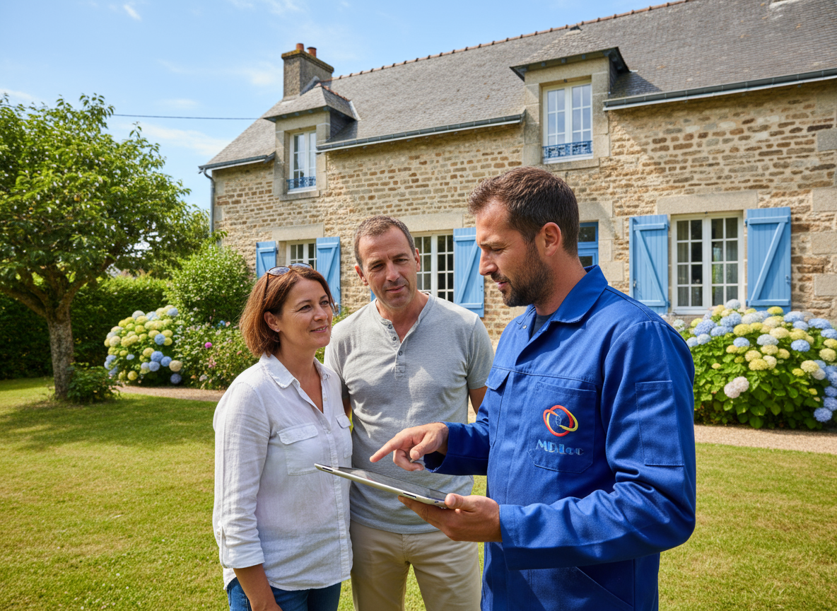 Discussion devant maison en pierre, extérieur fleuri.
