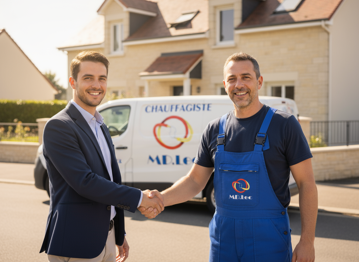 Accord entre deux professionnels devant camion.