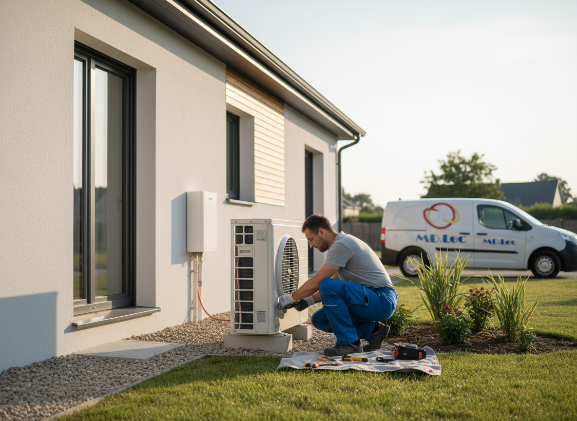 Technicien installant un climatiseur extérieur.