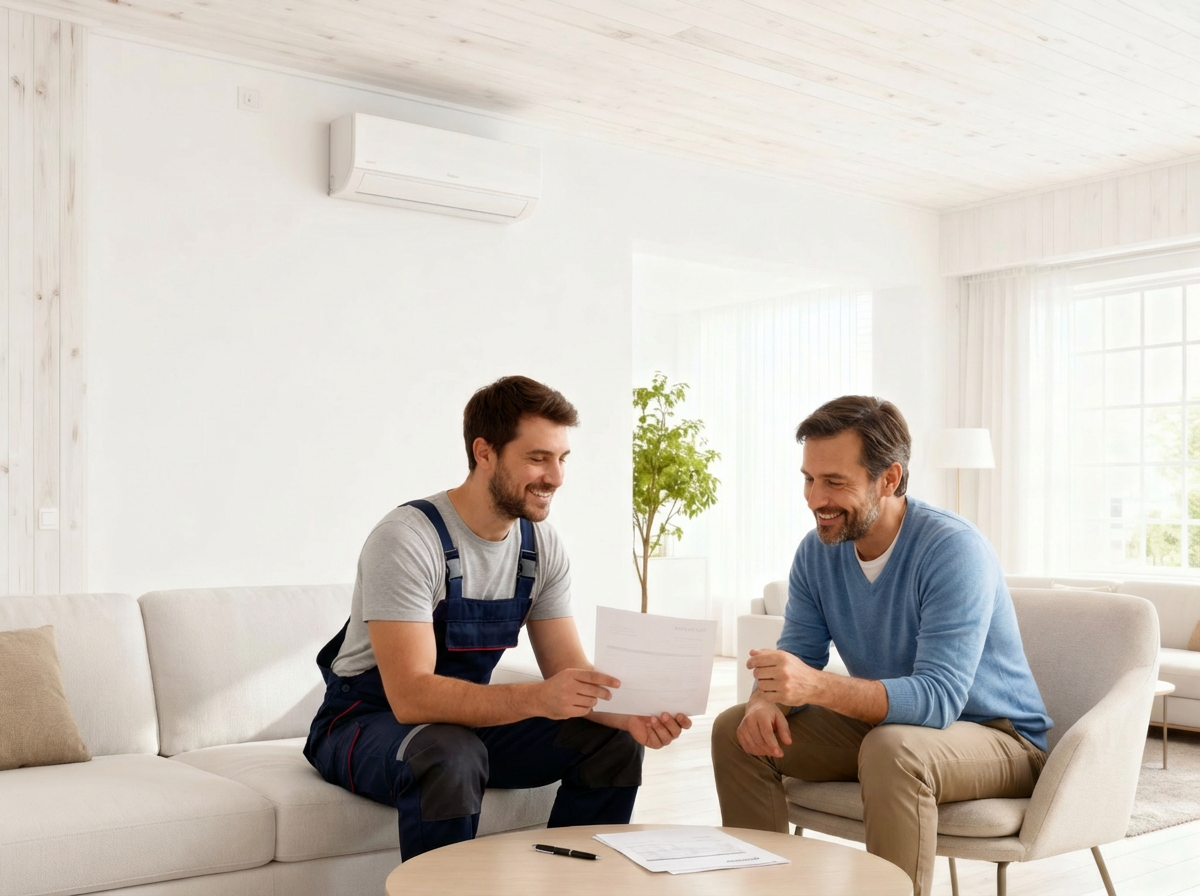 Deux hommes discutent d'un document, salon lumineux.