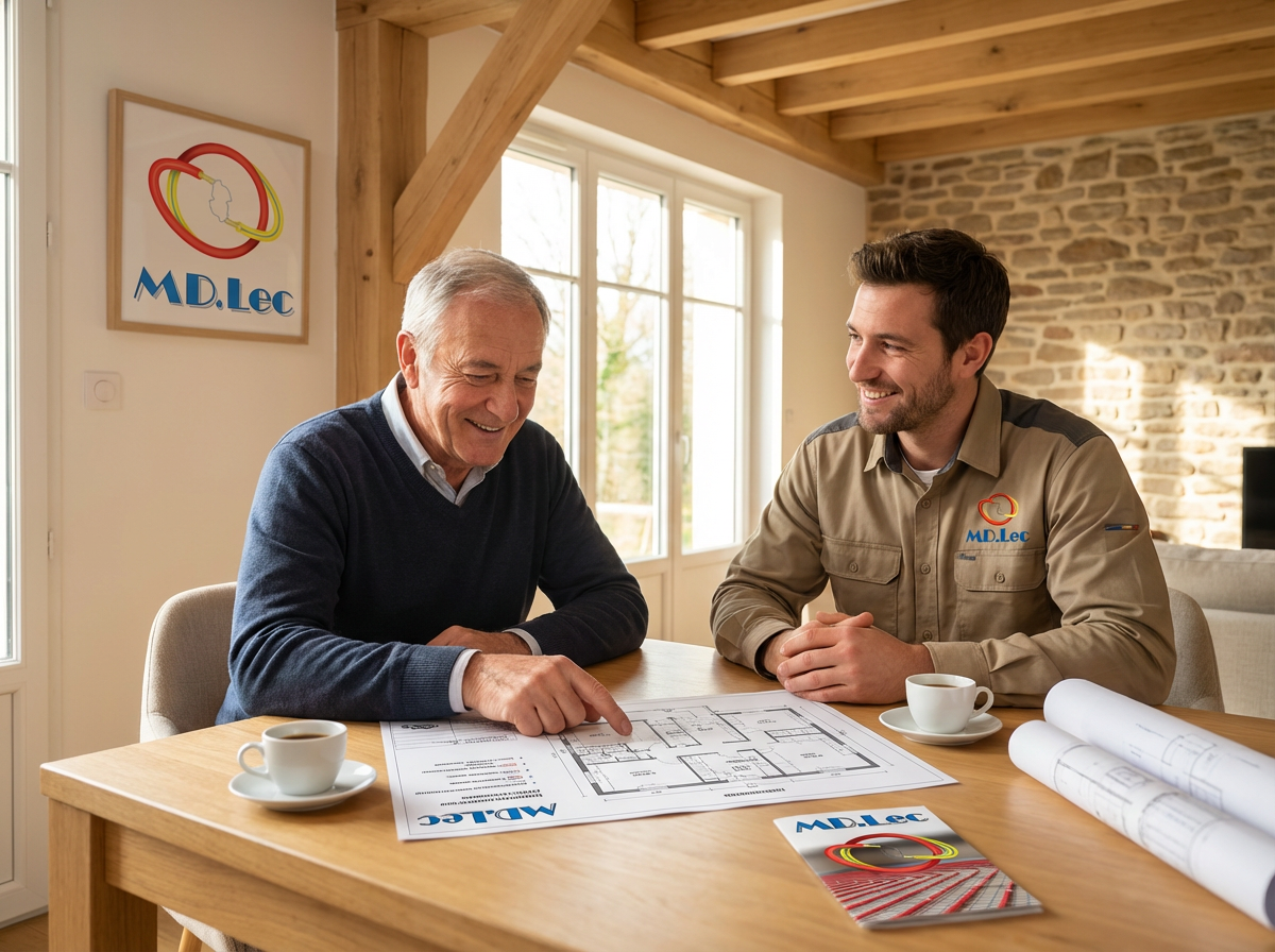 Deux hommes discutent plans dans un bureau lumineux.