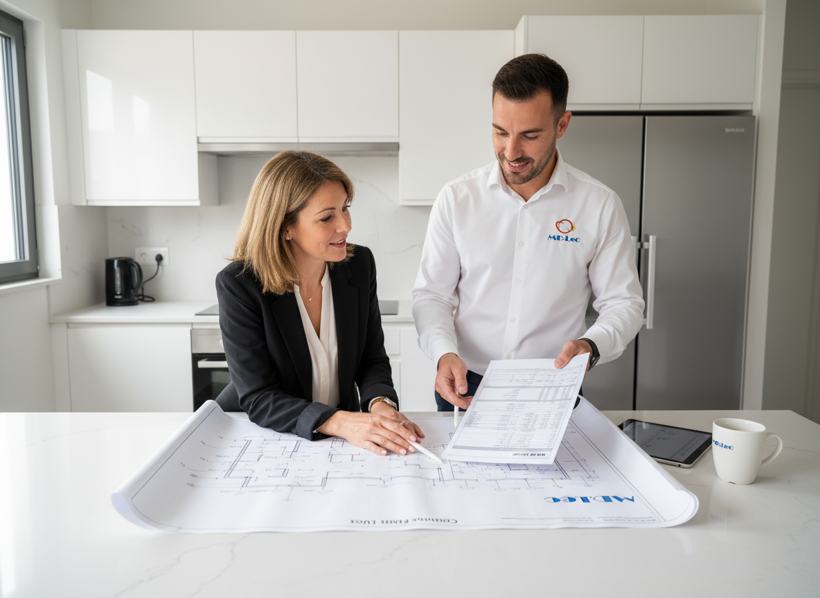 Deux personnes discutent devant des plans architecturaux.