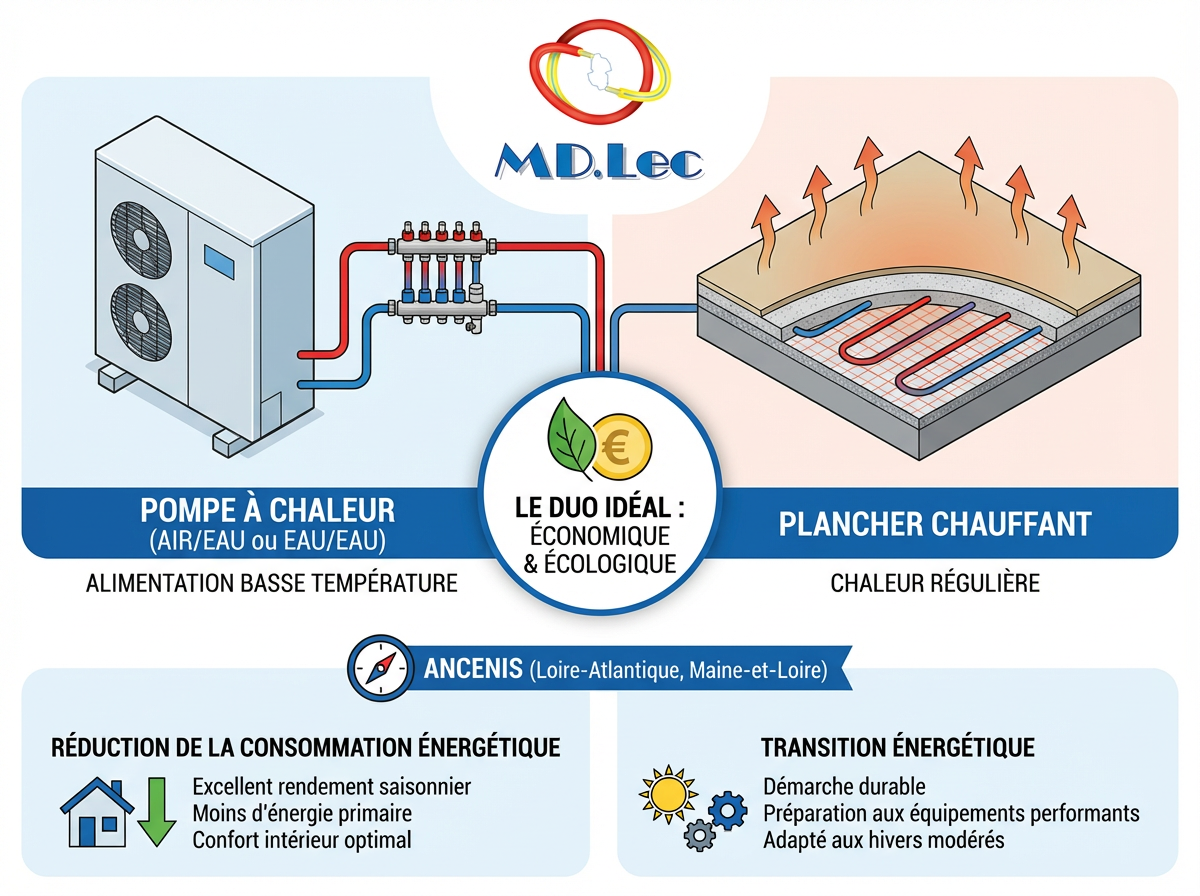 Schéma pompe à chaleur et plancher chauffant.