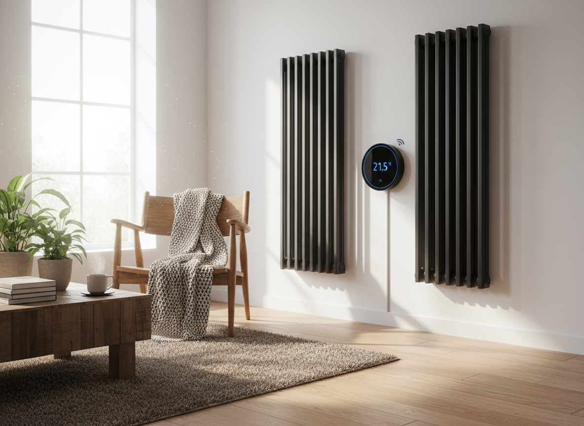 Salon moderne avec thermostat intelligent et radiateurs.