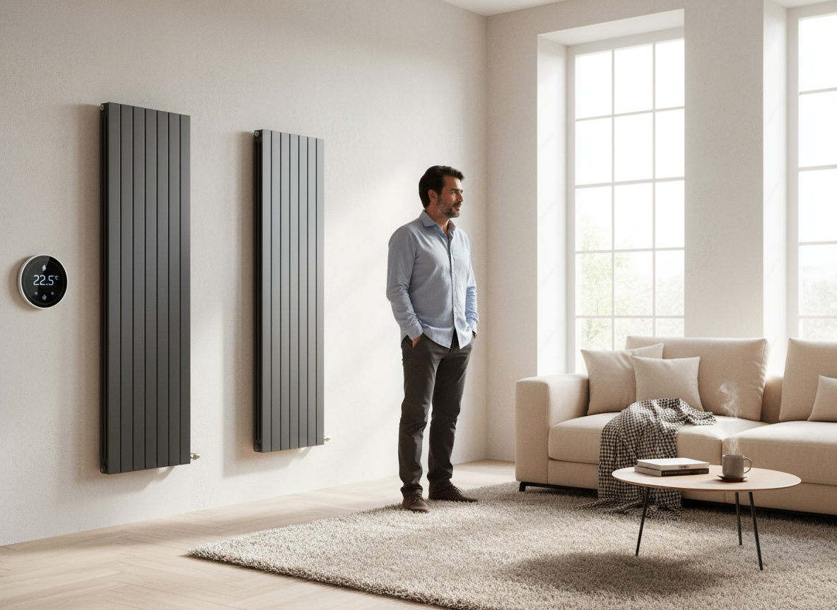 Homme debout dans un salon moderne avec radiateurs.