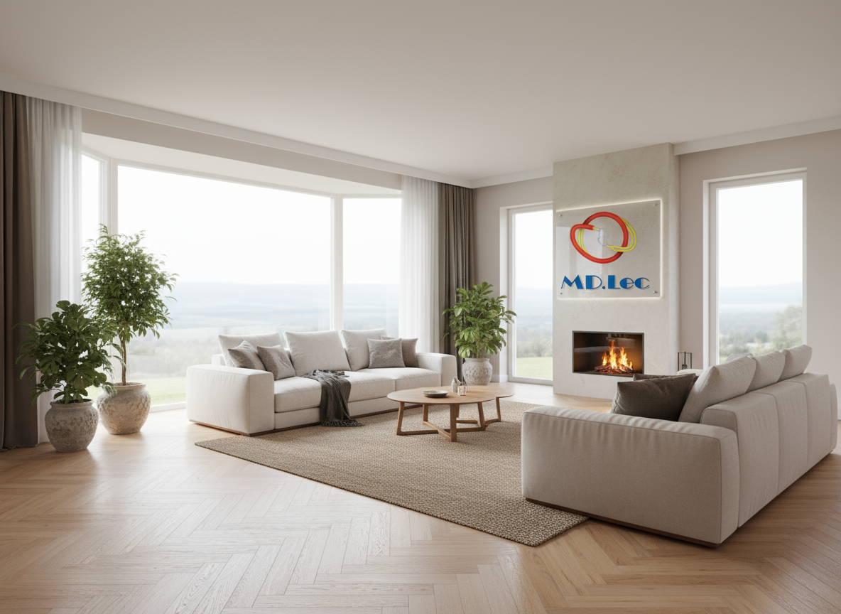 Salon moderne avec canapé, cheminée, grandes fenêtres.