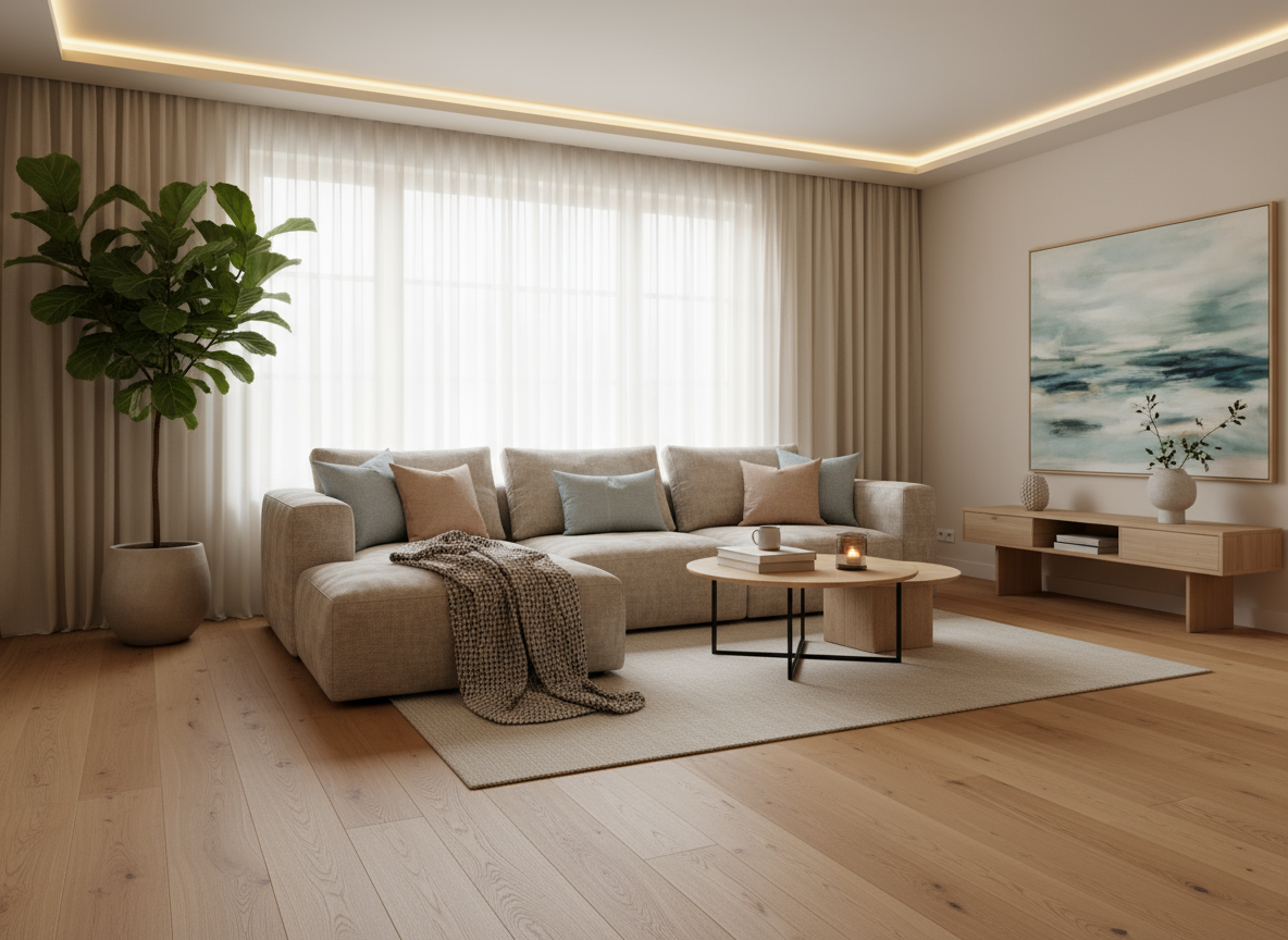 Salon moderne avec canapé beige et table basse.